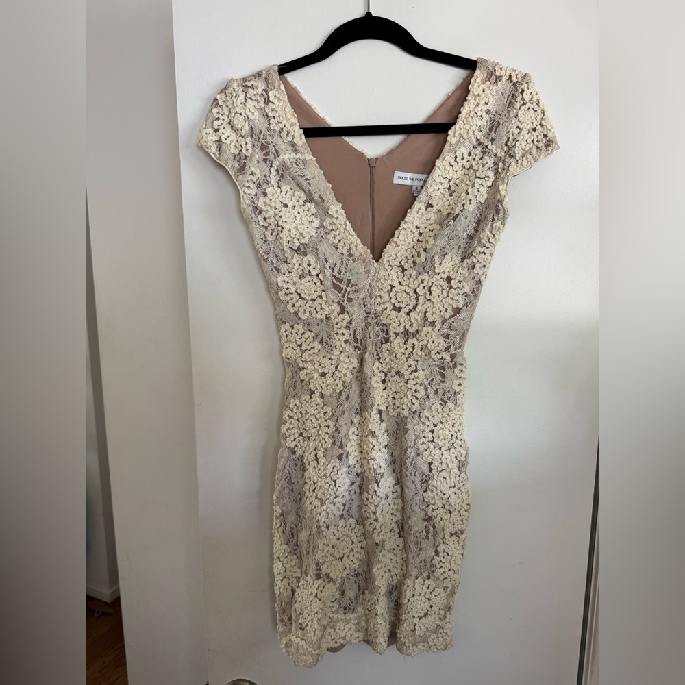 Dress the Population ‘Zoe’ Embellished Mesh Body-Con Dress, Cream, Size S